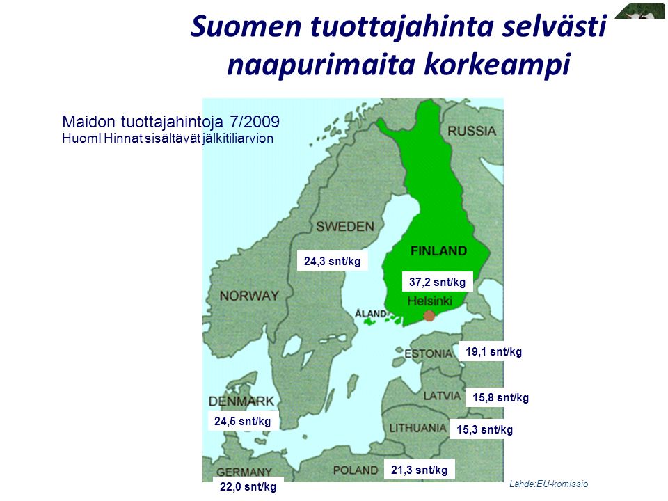 Suomen tuottajahinta selvästi naapurimaita korkeampi