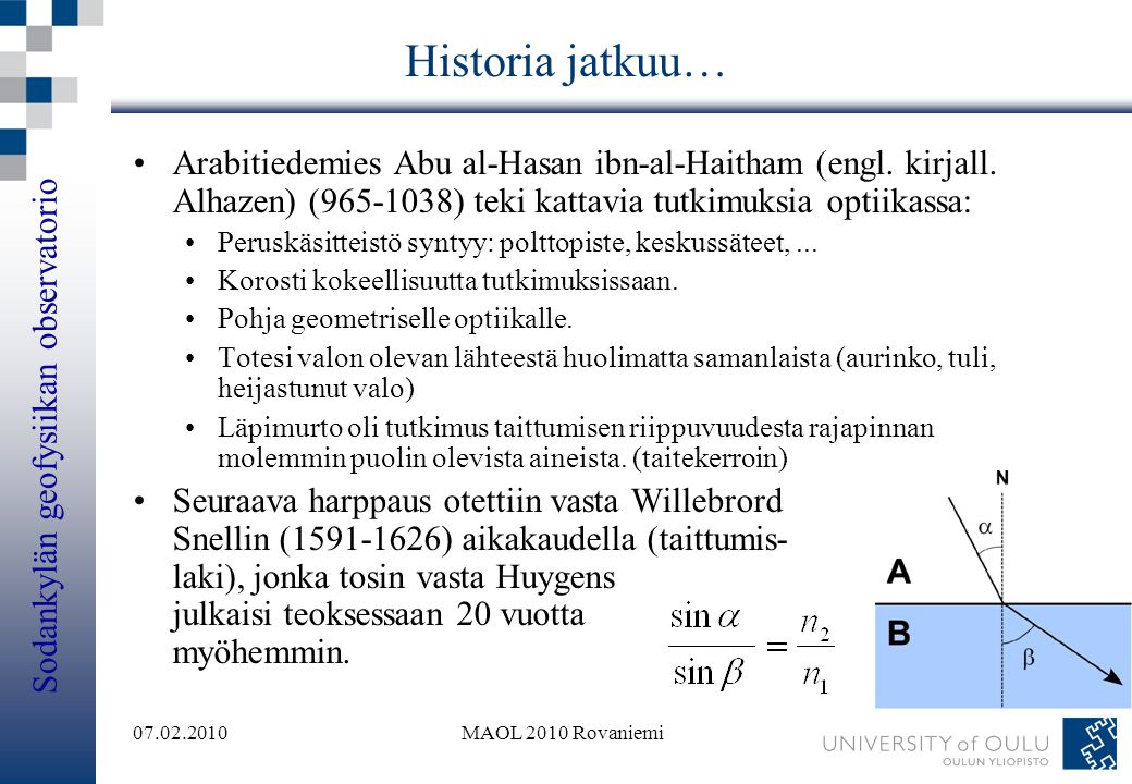 Historia jatkuu… Arabitiedemies Abu al-Hasan ibn-al-Haitham (engl. kirjall. Alhazen) ( ) teki kattavia tutkimuksia optiikassa: