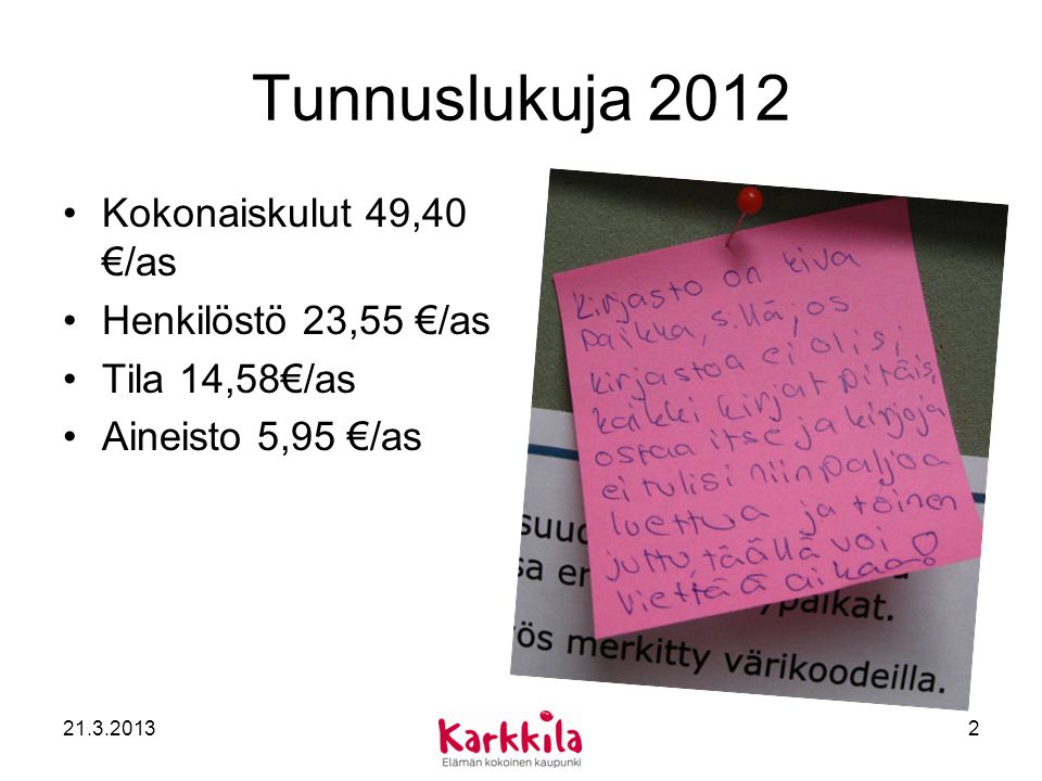 Tunnuslukuja 2012 Kokonaiskulut 49,40 €/as Henkilöstö 23,55 €/as