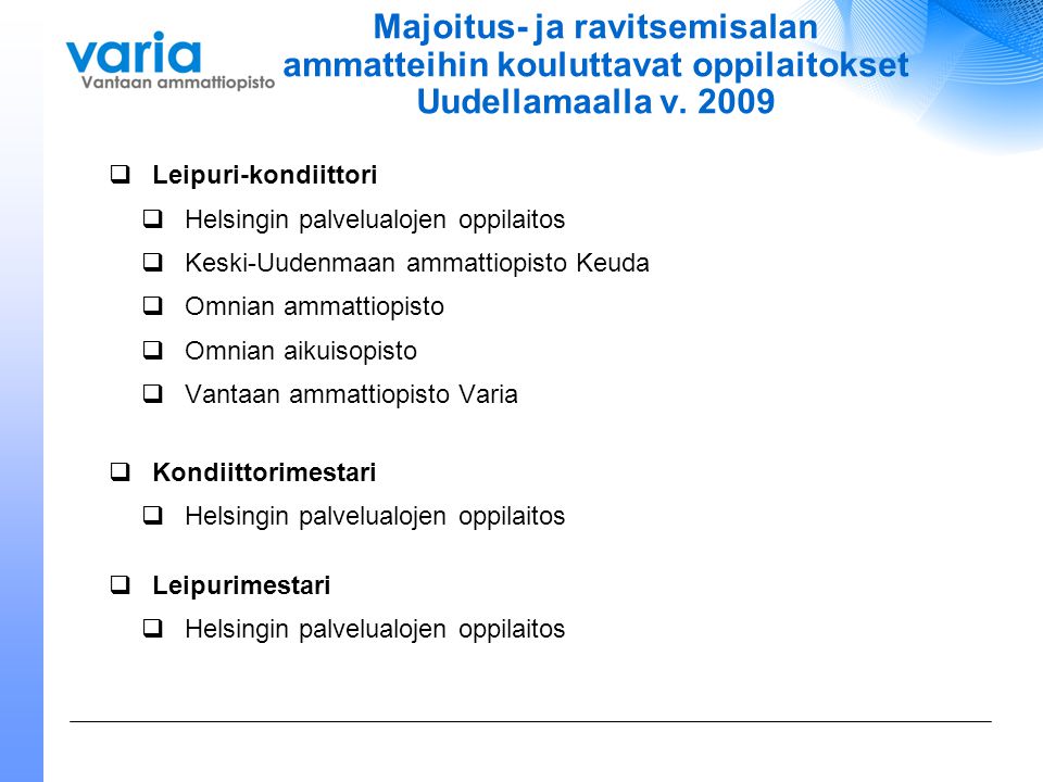 Majoitus- ja ravitsemisalan ammatteihin kouluttavat oppilaitokset Uudellamaalla v. 2009
