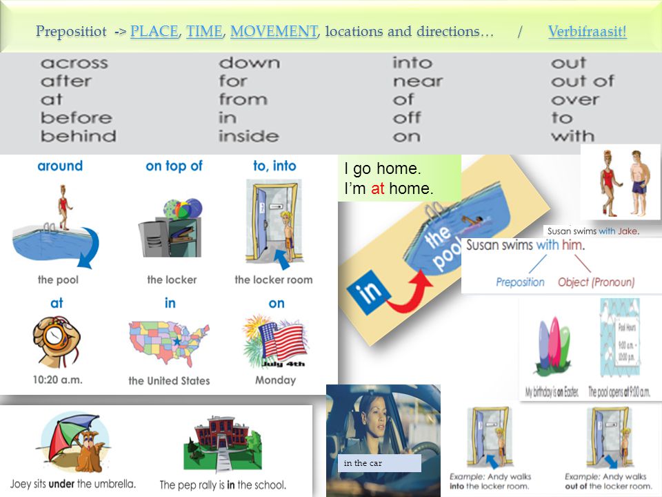 Prepositiot -> PLACE, TIME, MOVEMENT, locations and directions… / Verbifraasit!