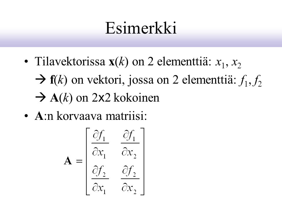 Esimerkki Tilavektorissa x(k) on 2 elementtiä: x1, x2