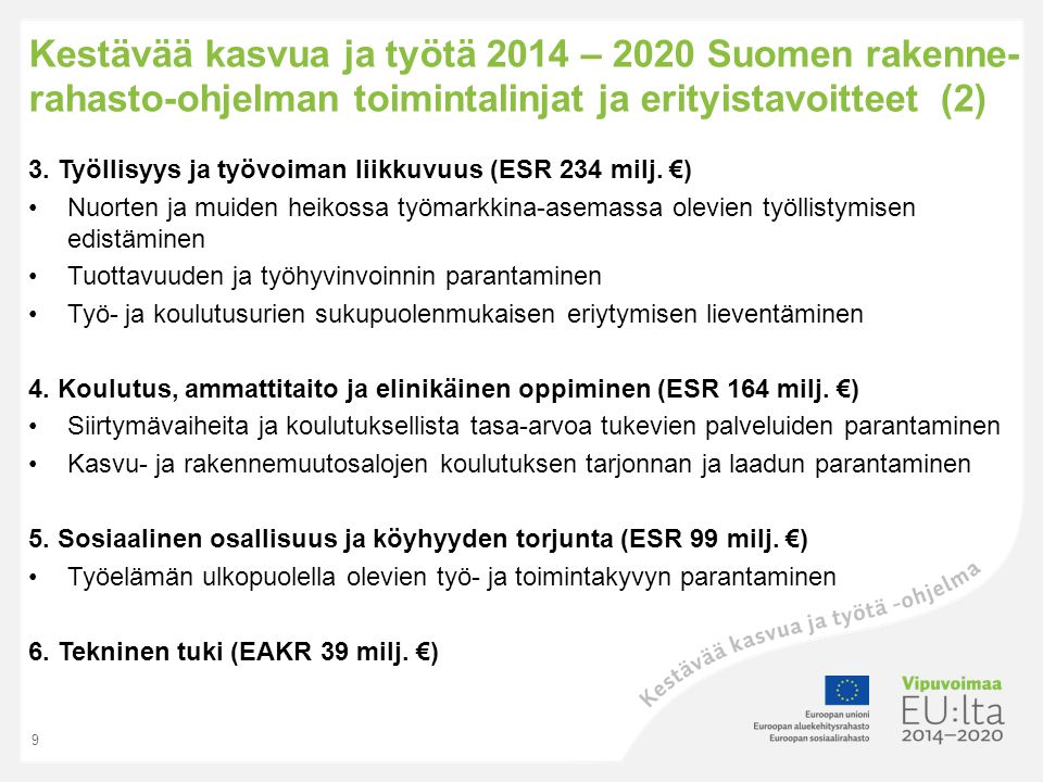 Kestävää kasvua ja työtä 2014 – 2020 Suomen rakenne- rahasto-ohjelman toimintalinjat ja erityistavoitteet (2)