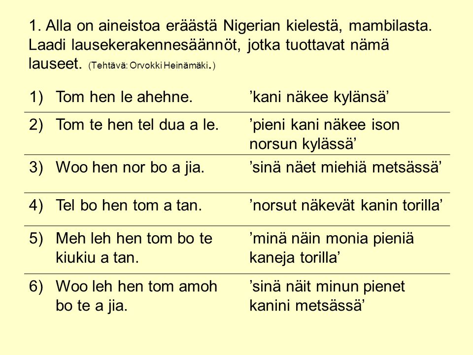 1. Alla on aineistoa eräästä Nigerian kielestä, mambilasta