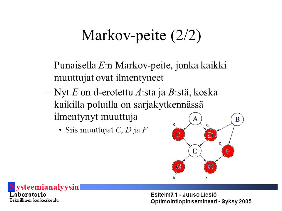 Markov-peite (2/2) Punaisella E:n Markov-peite, jonka kaikki muuttujat ovat ilmentyneet.