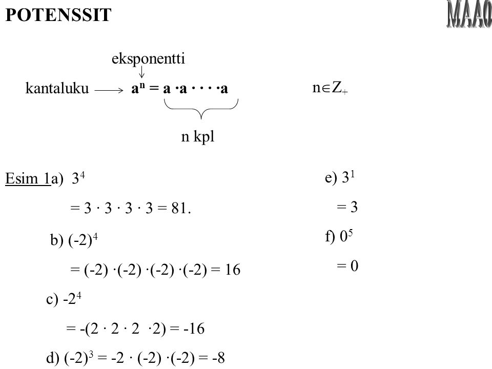 MAA0 POTENSSIT eksponentti kantaluku an = a ·a · · · ·a nZ+ n kpl