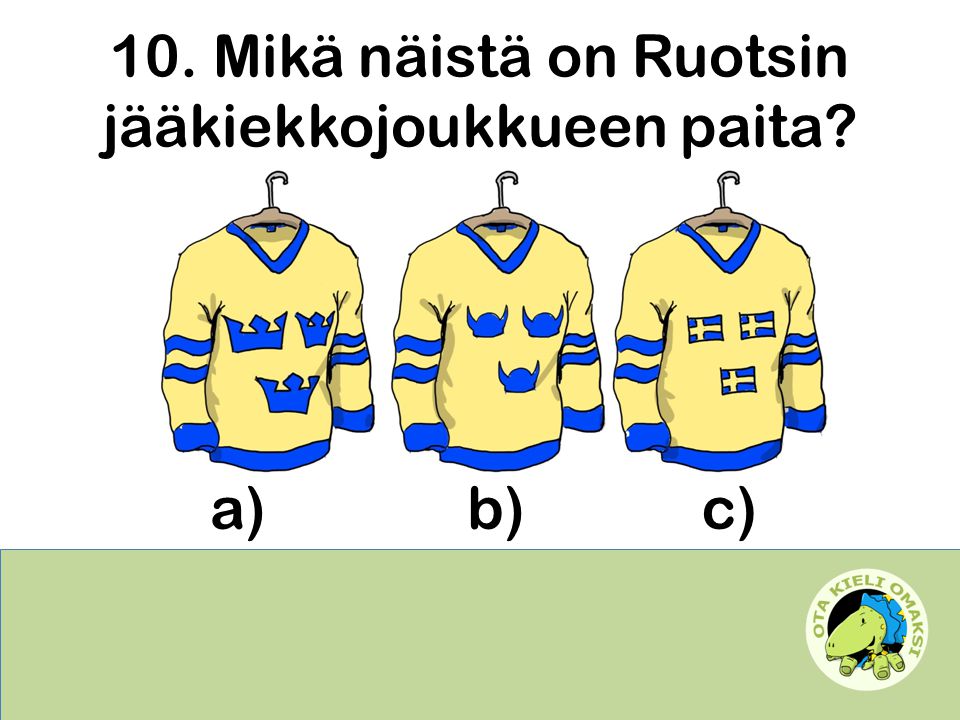 10. Mikä näistä on Ruotsin jääkiekkojoukkueen paita