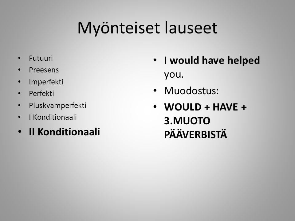 Myönteiset lauseet I would have helped you. Muodostus: