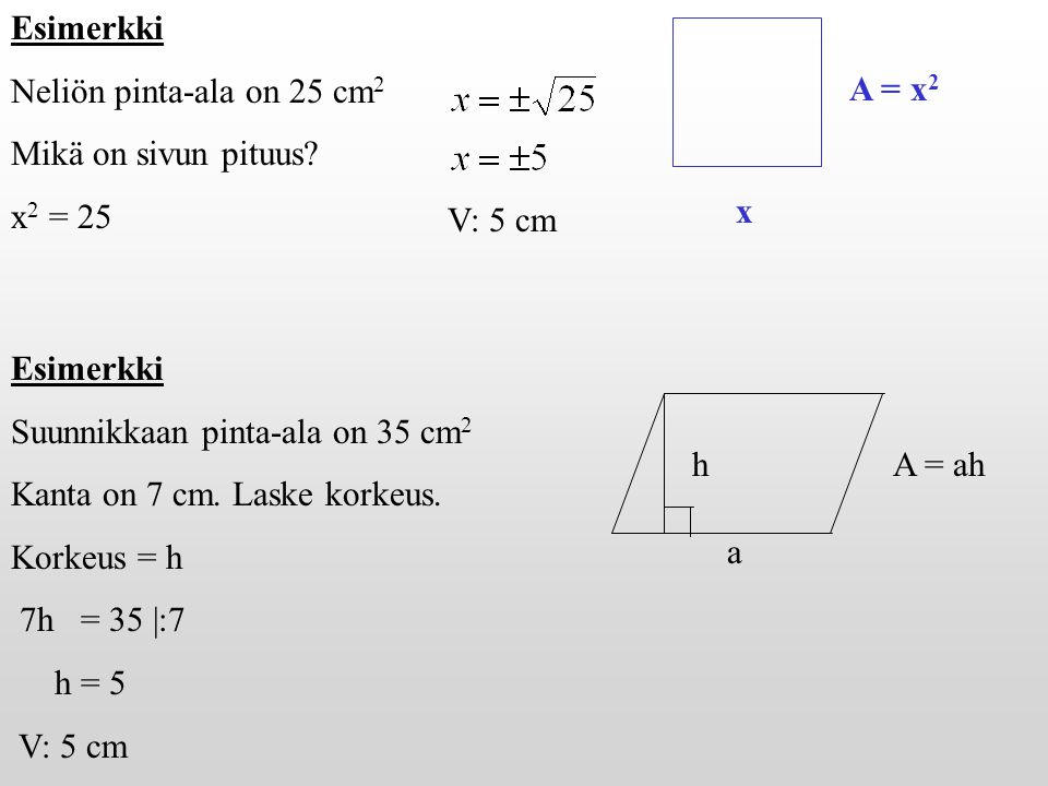 Esimerkki Neliön pinta-ala on 25 cm2. Mikä on sivun pituus x2 = 25. A = x2. x. V: 5 cm. Esimerkki.