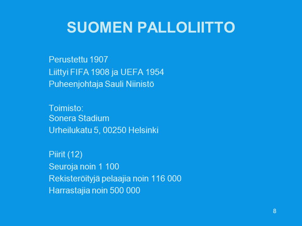 SUOMEN PALLOLIITTO Perustettu 1907 Liittyi FIFA 1908 ja UEFA 1954