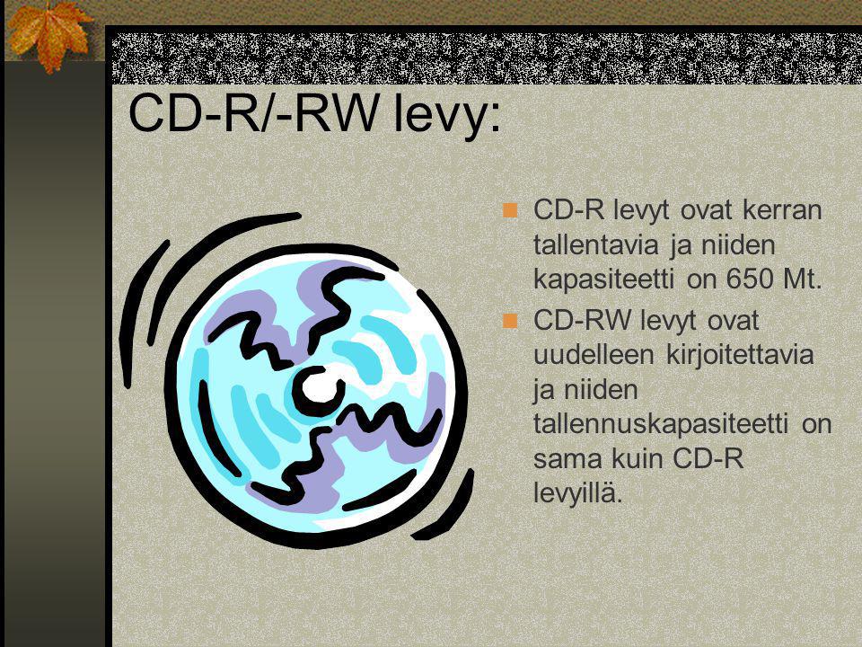 CD-R/-RW levy: CD-R levyt ovat kerran tallentavia ja niiden kapasiteetti on 650 Mt.