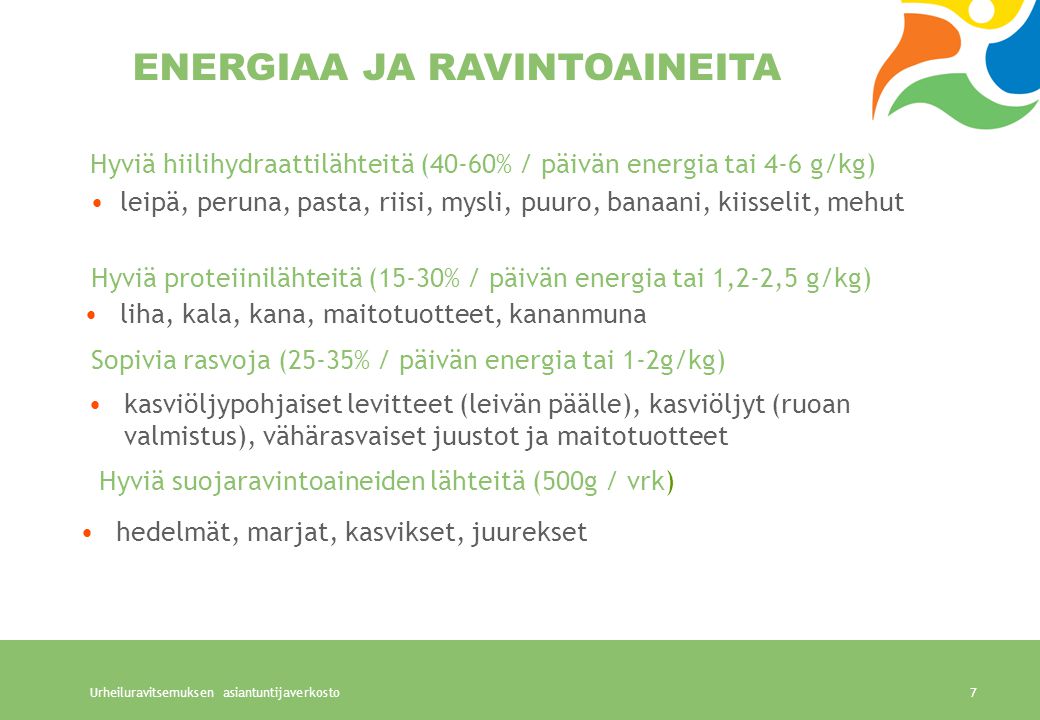 Hyviä hiilihydraattilähteitä (40-60% / päivän energia tai 4-6 g/kg)