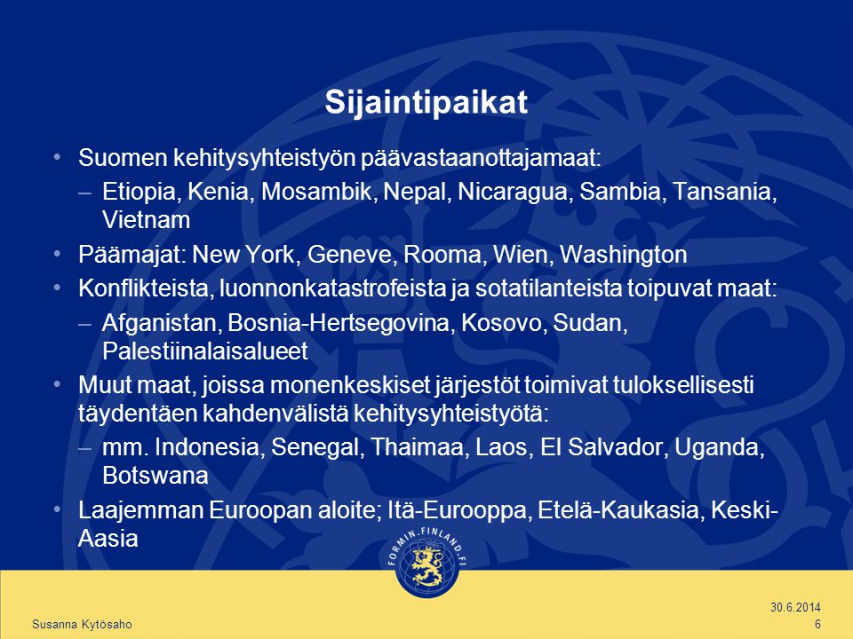 Sijaintipaikat Suomen kehitysyhteistyön päävastaanottajamaat: