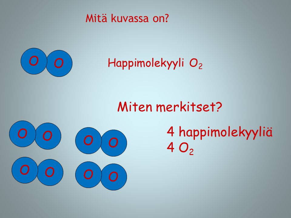 O Miten merkitset 4 happimolekyyliä O 4 O2 O O O Mitä kuvassa on