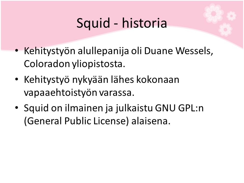 Squid - historia Kehitystyön alullepanija oli Duane Wessels, Coloradon yliopistosta. Kehitystyö nykyään lähes kokonaan vapaaehtoistyön varassa.