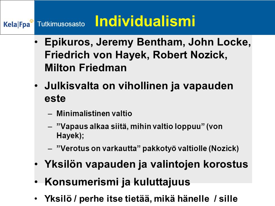 Individualismi Epikuros, Jeremy Bentham, John Locke, Friedrich von Hayek, Robert Nozick, Milton Friedman.