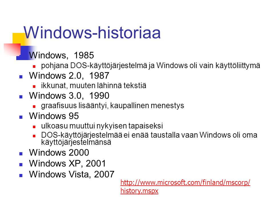 Windows-historiaa Windows, 1985 Windows 2.0, 1987 Windows 3.0, 1990