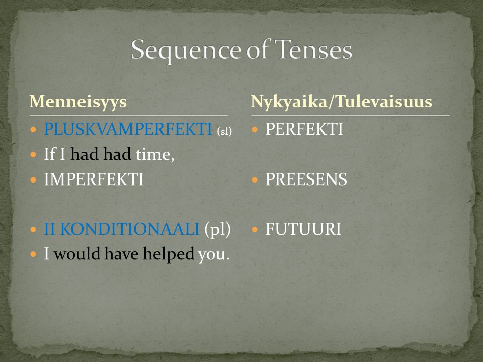 Sequence of Tenses Menneisyys Nykyaika/Tulevaisuus