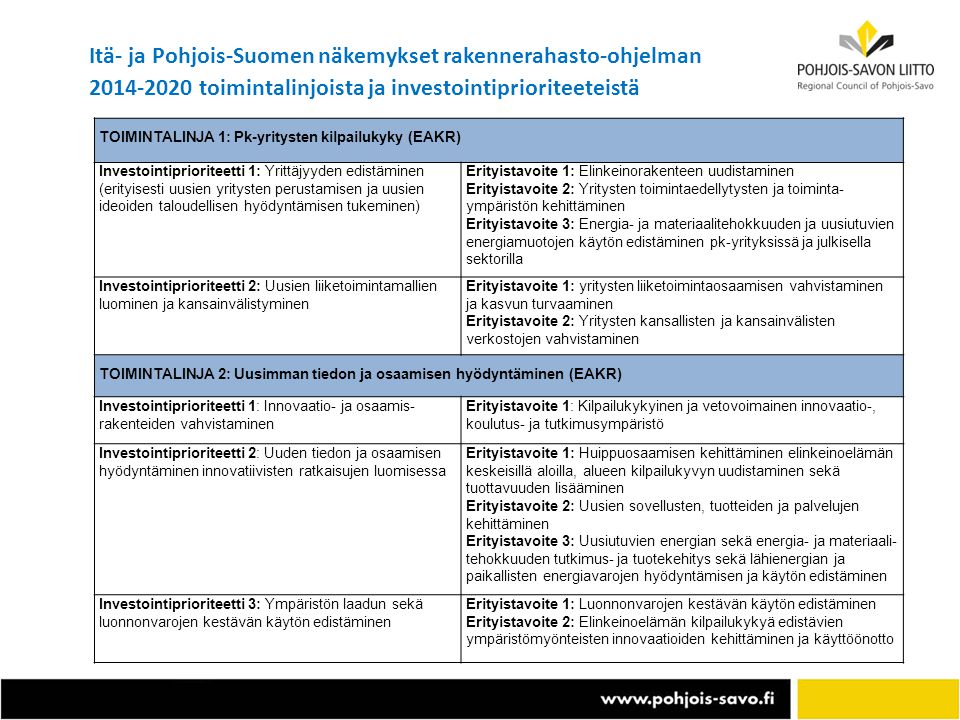 Itä- ja Pohjois-Suomen näkemykset rakennerahasto-ohjelman toimintalinjoista ja investointiprioriteeteistä