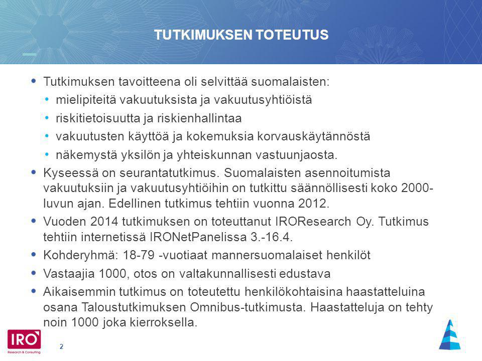 TUTKIMUKSEN TOTEUTUS Tutkimuksen tavoitteena oli selvittää suomalaisten: mielipiteitä vakuutuksista ja vakuutusyhtiöistä.