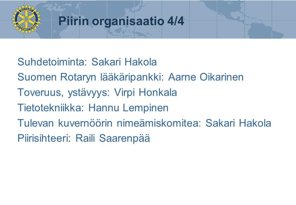 Piirin organisaatio 4/4 Suhdetoiminta: Sakari Hakola