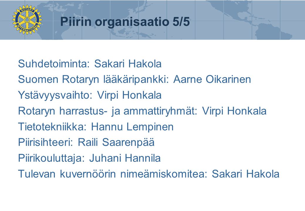 Piirin organisaatio 5/5 Suhdetoiminta: Sakari Hakola