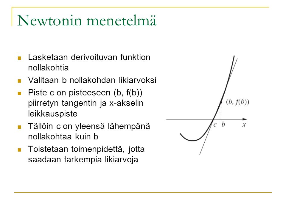 Newtonin menetelmä Lasketaan derivoituvan funktion nollakohtia