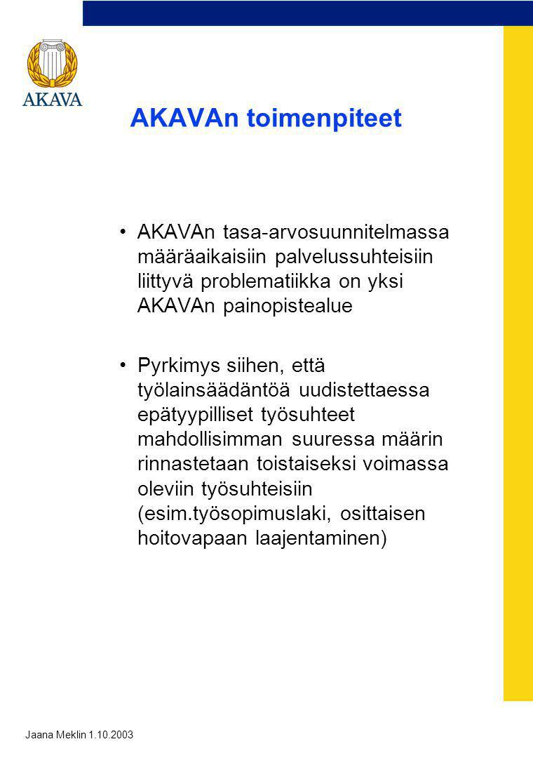 AKAVAn toimenpiteet AKAVAn tasa-arvosuunnitelmassa määräaikaisiin palvelussuhteisiin liittyvä problematiikka on yksi AKAVAn painopistealue.