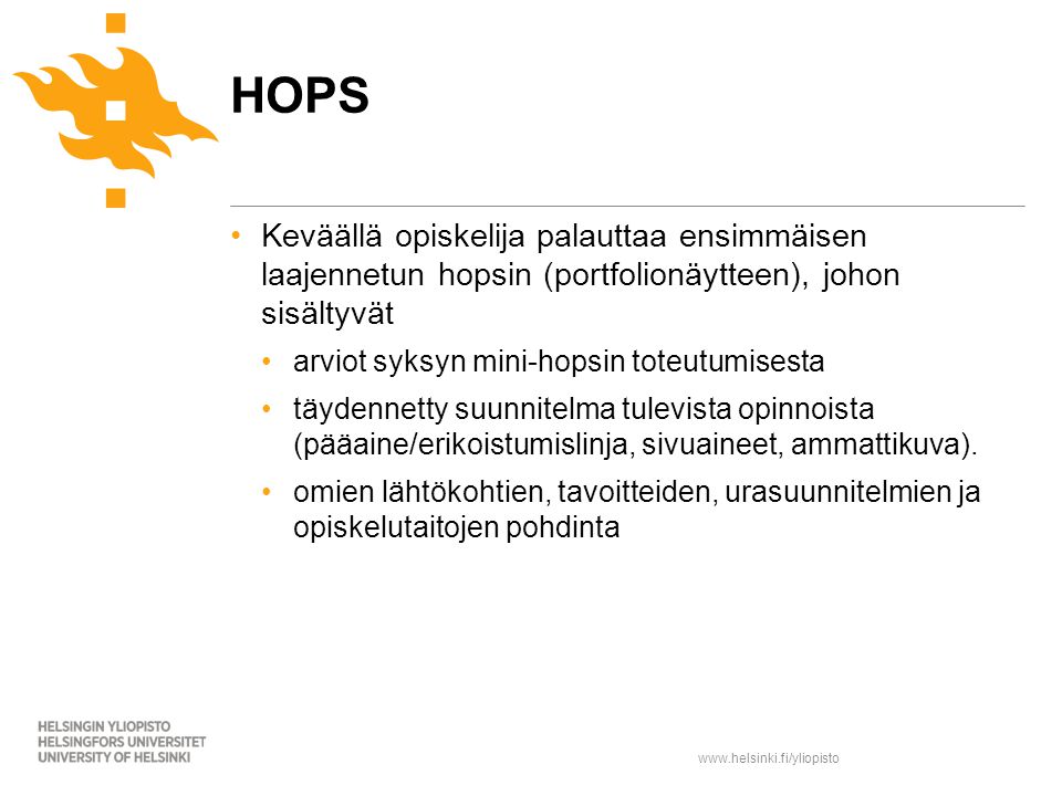 HOPS Keväällä opiskelija palauttaa ensimmäisen laajennetun hopsin (portfolionäytteen), johon sisältyvät.