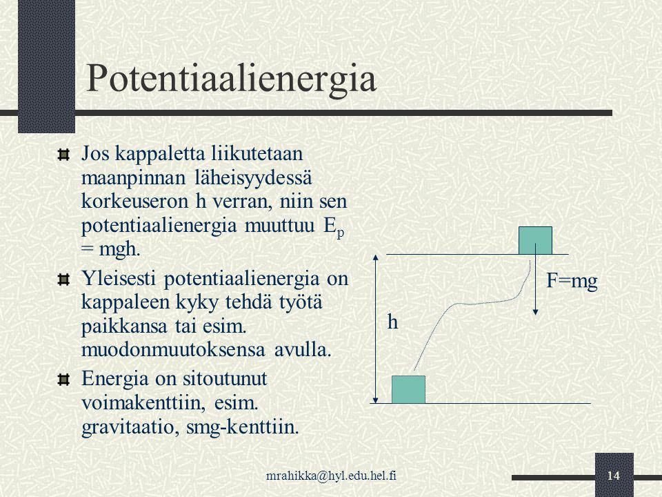 Potentiaalienergia Jos kappaletta liikutetaan maanpinnan läheisyydessä korkeuseron h verran, niin sen potentiaalienergia muuttuu Ep = mgh.