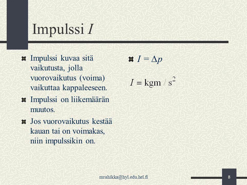 Impulssi I Impulssi kuvaa sitä vaikutusta, jolla vuorovaikutus (voima) vaikuttaa kappaleeseen. Impulssi on liikemäärän muutos.