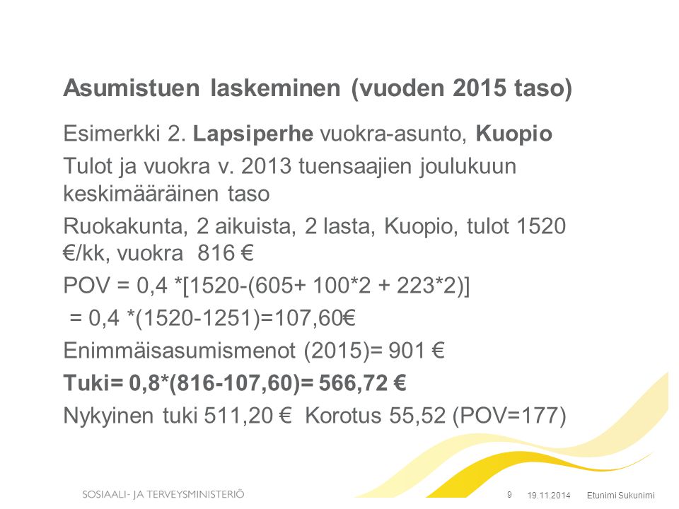 Asumistuen laskeminen (vuoden 2015 taso)