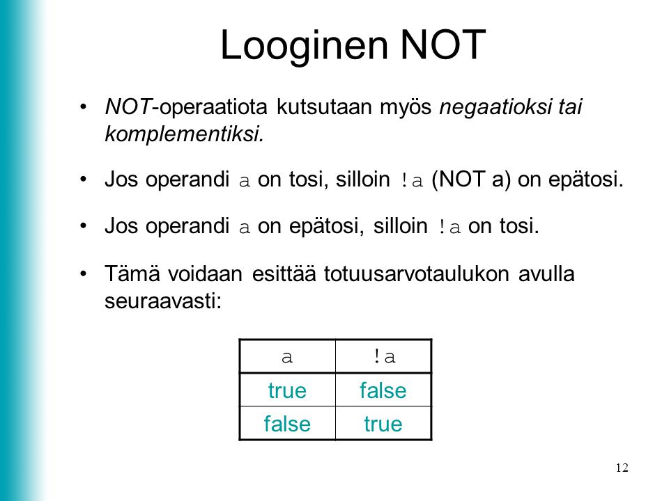 Looginen NOT NOT-operaatiota kutsutaan myös negaatioksi tai komplementiksi. Jos operandi a on tosi, silloin !a (NOT a) on epätosi.
