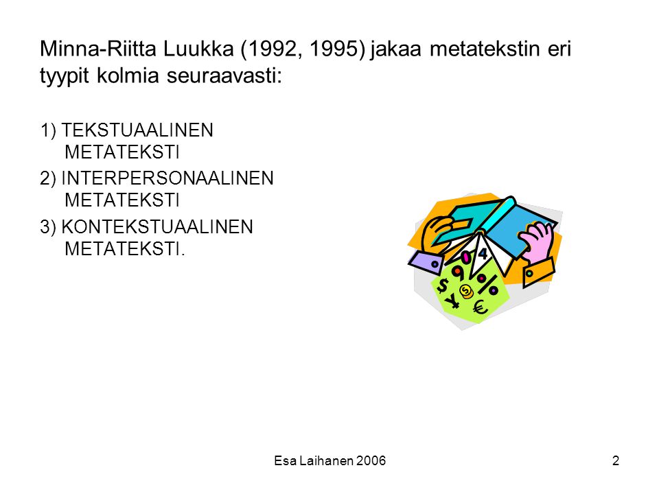 Minna-Riitta Luukka (1992, 1995) jakaa metatekstin eri tyypit kolmia seuraavasti: