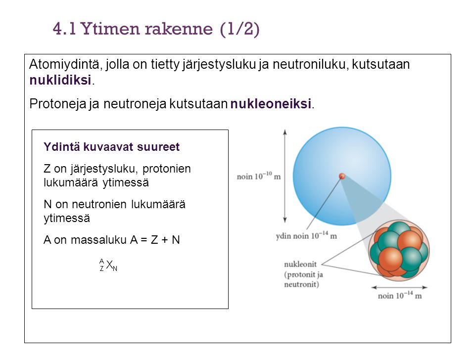 4.1 Ytimen rakenne (1/2) Atomiydintä, jolla on tietty järjestysluku ja neutroniluku, kutsutaan nuklidiksi.