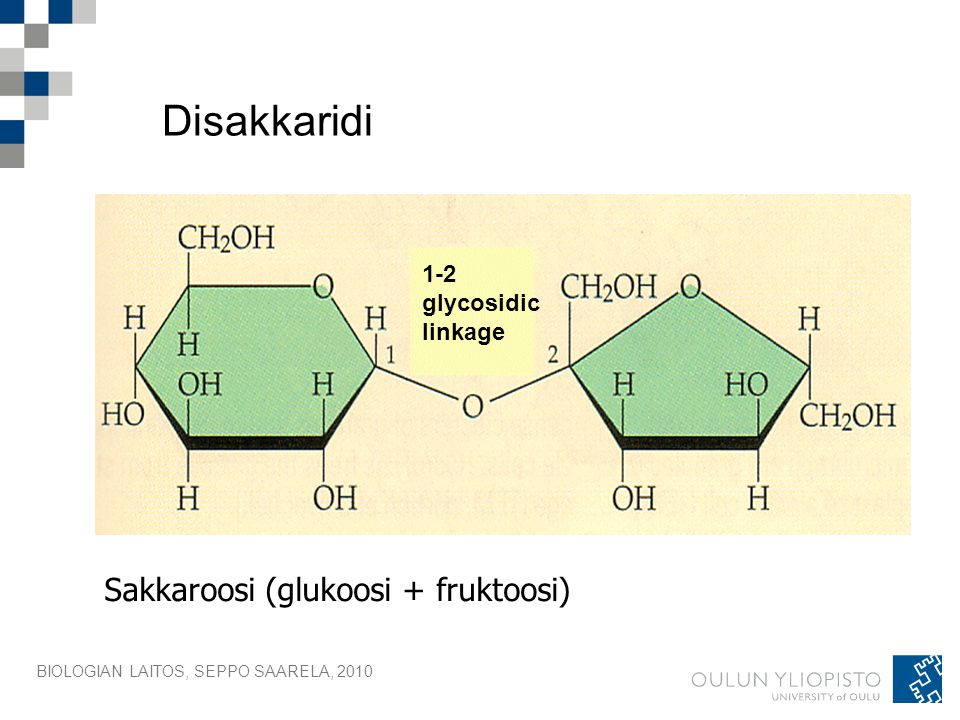 Disakkaridi Sakkaroosi (glukoosi + fruktoosi) 1-2 glycosidic linkage