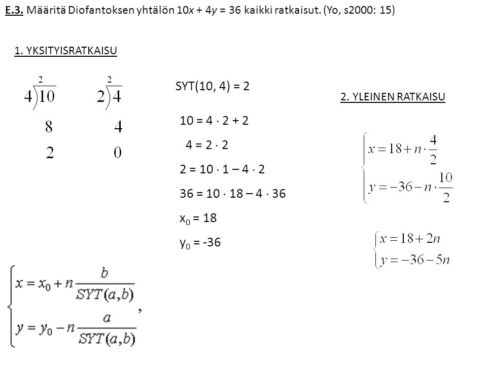 E. 3. Määritä Diofantoksen yhtälön 10x + 4y = 36 kaikki ratkaisut