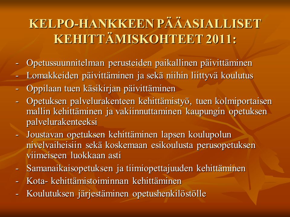 KELPO-HANKKEEN PÄÄASIALLISET KEHITTÄMISKOHTEET 2011: