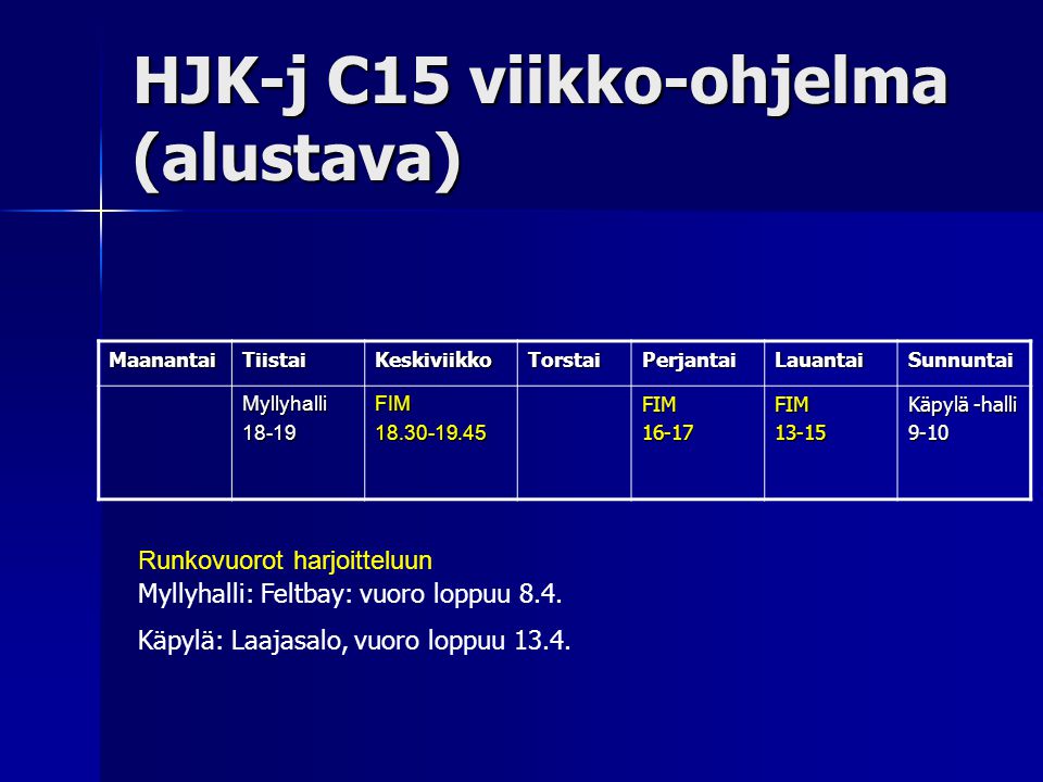 HJK-j C15 viikko-ohjelma (alustava)