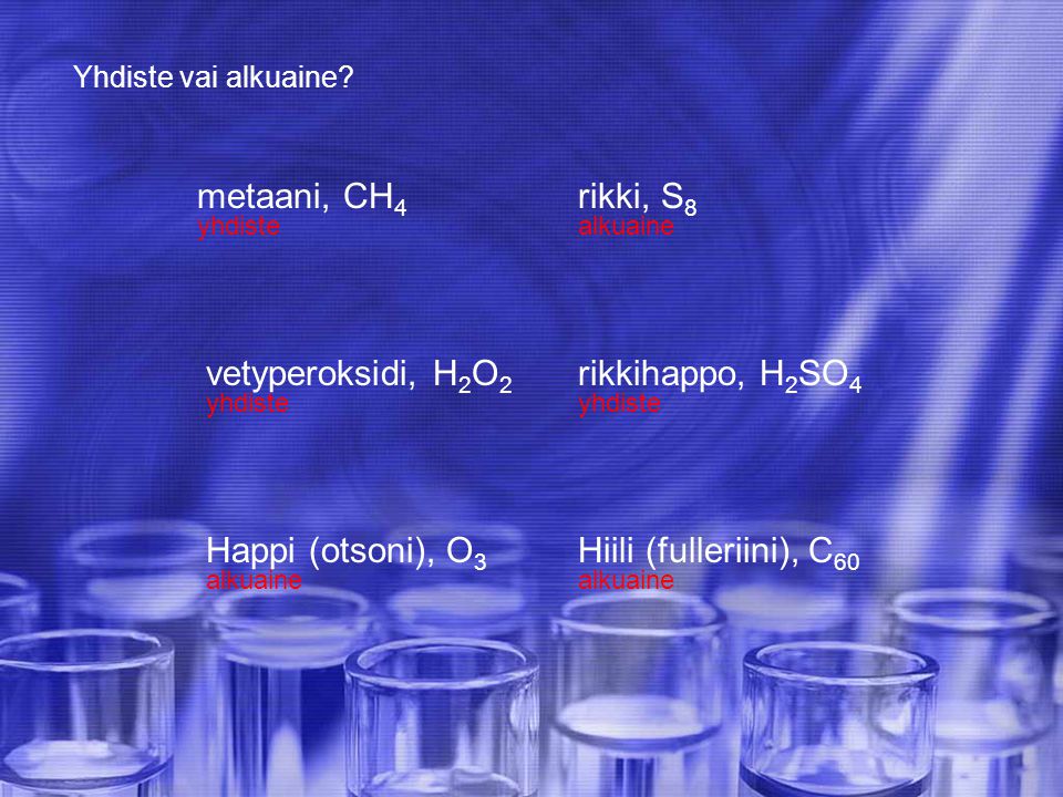 metaani, CH4 rikki, S8 vetyperoksidi, H2O2 rikkihappo, H2SO4