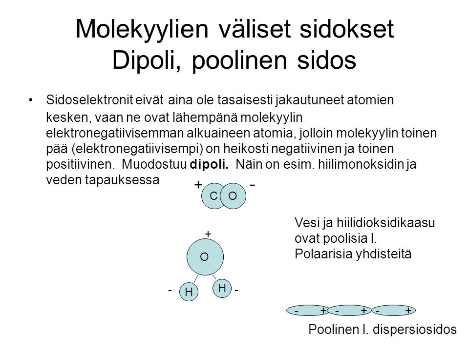 Molekyylien väliset sidokset Dipoli, poolinen sidos