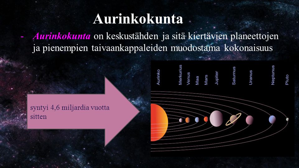 Aurinkokunta Aurinkokunta on keskustähden ja sitä kiertävien planeettojen ja pienempien taivaankappaleiden muodostama kokonaisuus.