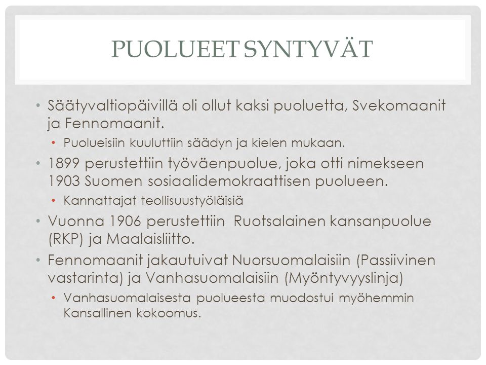 Puolueet syntyvät Säätyvaltiopäivillä oli ollut kaksi puoluetta, Svekomaanit ja Fennomaanit. Puolueisiin kuuluttiin säädyn ja kielen mukaan.