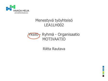 Menestyvä työyhteisö LEA1LH002 Yksilö - Ryhmä - Organisaatio MOTIVAATIO Riitta Rautava.