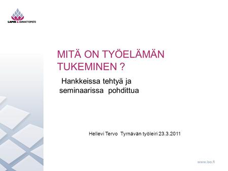 Www.lao.fi Hellevi Tervo Tyrnävän työleiri 23.3.2011 MITÄ ON TYÖELÄMÄN TUKEMINEN ? Hankkeissa tehtyä ja seminaarissa pohdittua.