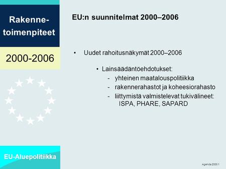2000-2006 EU-Aluepolitiikka Rakenne- toimenpiteet Agenda 2000 1 EU:n suunnitelmat 2000–2006 Uudet rahoitusnäkymät 2000–2006 Lainsäädäntöehdotukset: - yhteinen.