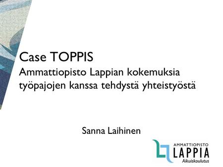Case TOPPIS Ammattiopisto Lappian kokemuksia työpajojen kanssa tehdystä yhteistyöstä Sanna Laihinen.