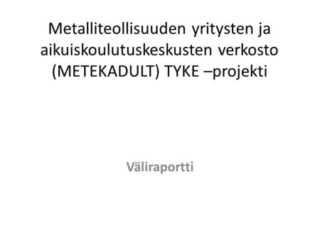 Metalliteollisuuden yritysten ja aikuiskoulutuskeskusten verkosto (METEKADULT) TYKE –projekti Väliraportti.