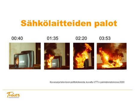 Sähkölaitteiden palot 00:4001:3502:2003:53 Kuvasarja television polttokokeesta, kuvattu VTT:n palolaboratoriossa 2000.
