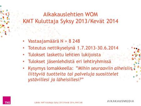 Aikakauslehtien WOM KMT Kuluttaja Syksy 2013/Kevät 2014 Lähde: KMT Kuluttaja Syksy 2013/Kevät 2014, N=8 248 Vastaajamäärä N = 8 248 Toteutus nettikyselynä.